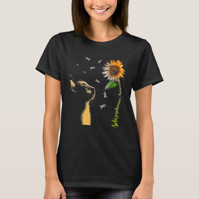 Cat Sunflower Schizophrenia Awareness T-Shirt (Front)
