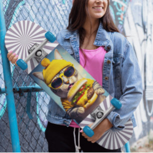 Cat Sunglasses Cheeseburger Funny Skateboard