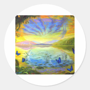 Cat, Sunrise and River Of Life Classic Round Sticker