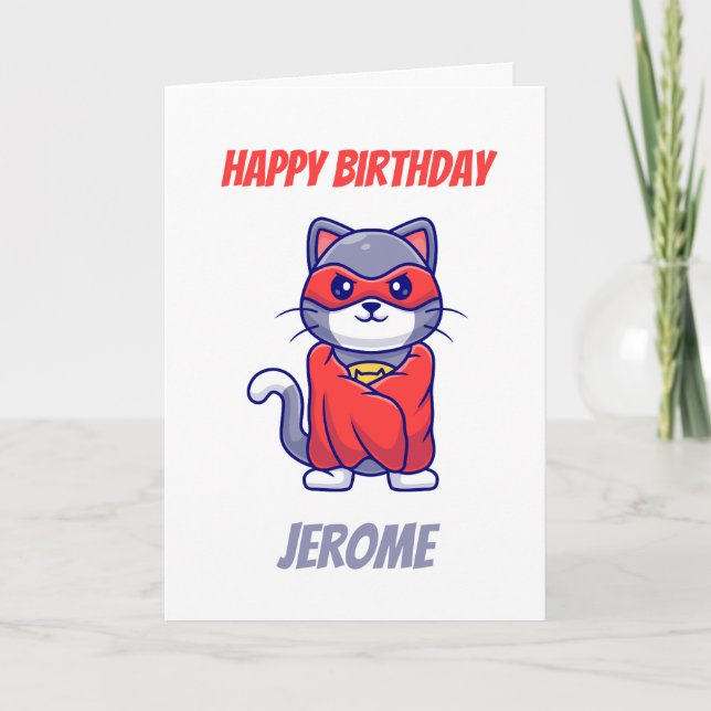 Cat super hero kids superhero birthday cards (Front)