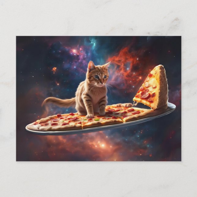 Cat surfing a pizza in the cosmos postcard (Front)