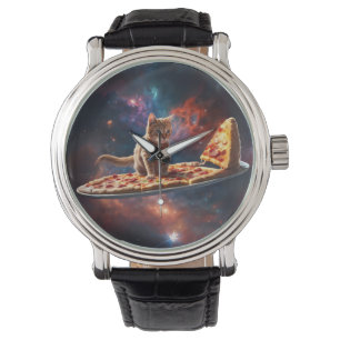 Cat surfing a pizza in the cosmos watch