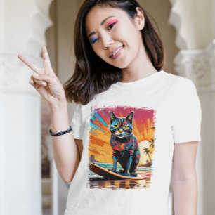 Cat Surfing Cute Colorful Comic Illustration T-Shirt