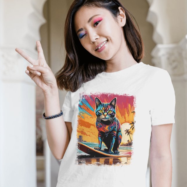 Cat Surfing Cute Colourful Comic Illustration T-Shirt (Funny Cat Surfing in the Summer)