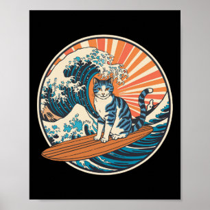 Cat Surfing Funny Surfer Surfboard Poster