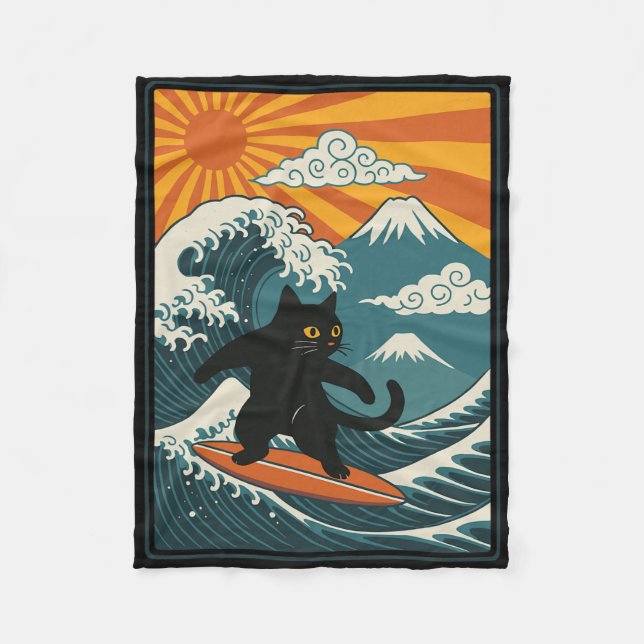 Cat Surfing Japanese _2  Fleece Blanket (Front)