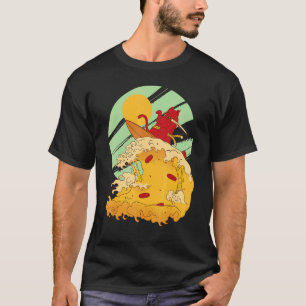 Cat Surfing Pizza in Cool Samurai Style T-Shirt