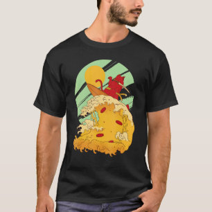 Cat Surfing Pizza In Cool Samurai Style T-Shirt