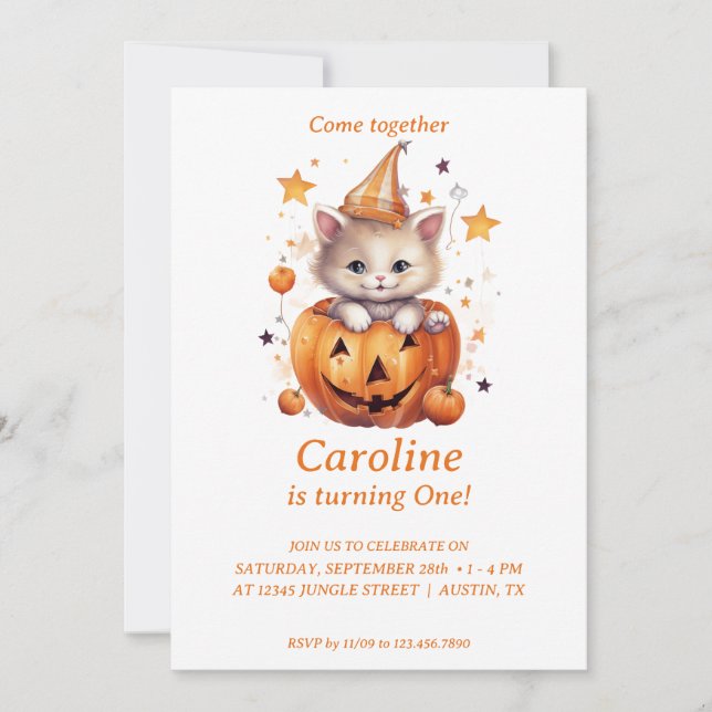 Cat Surprise en Citrouille : Invitation de fête d' (Devant)