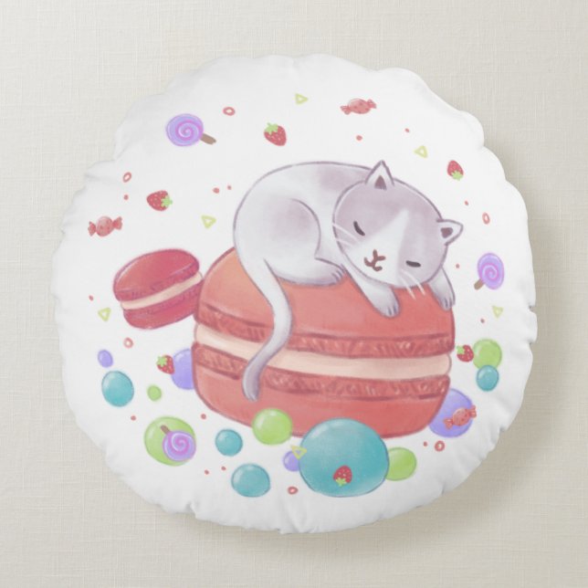 Cat & Sweets Illustration Round Pillow (Front)