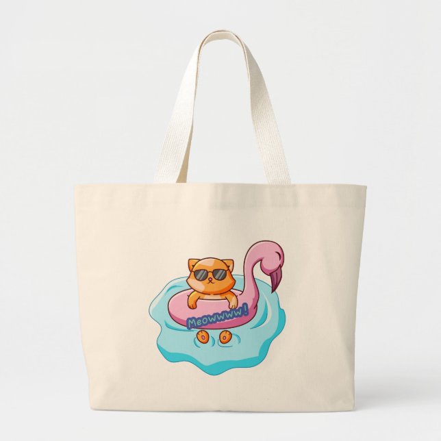 cat swimming pool summer vibes |  cat lover design large tote bag (Front)