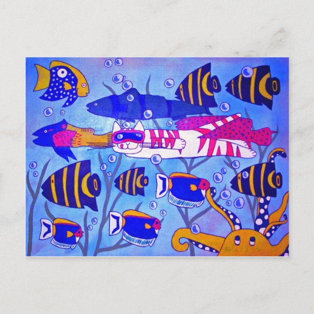 Cat Swimming with Fish Postcard (Front)