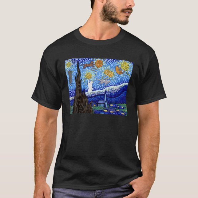 Cat T, Starry Night Cat, Womens Cat , Van Gogh Cat T-Shirt (Front)