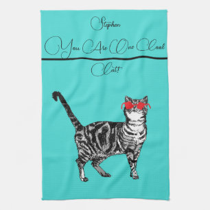 Cat Tabby Cats Mens Cool Cat Teal Aqua Name Kitchen Towel