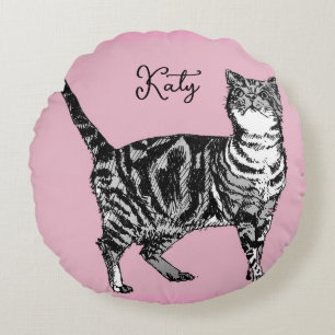 Cat Tabby Pastel Cats Girls Rose Pink Pets Round Pillow