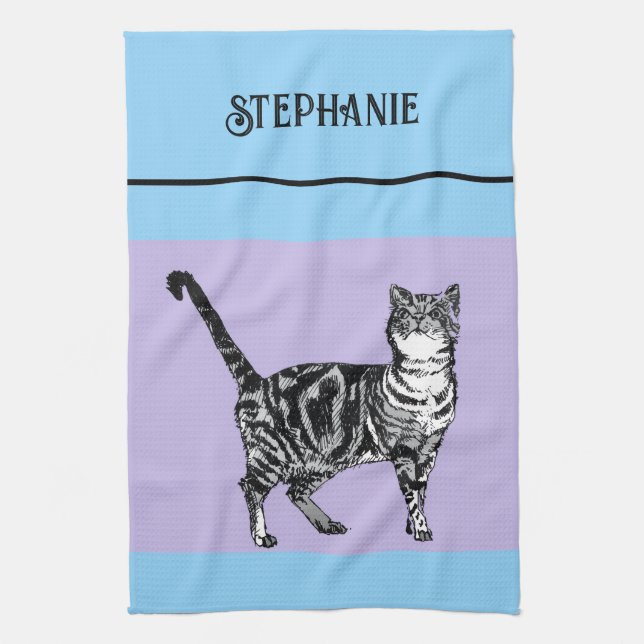 Cat Tabby Pastel Cats Womens Light Blue Purple Kitchen Towel (Vertical)