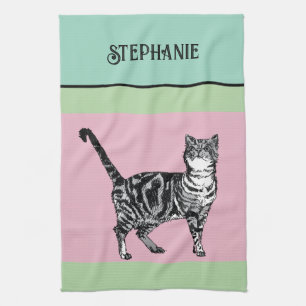 Cat Tabby Pastel Cats Womens Light Green Pink Kitchen Towel