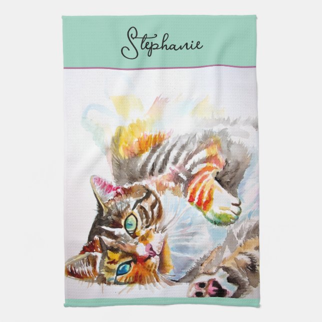 Cat Tabby Pastel Cats Womens Mint Green Aqua Pets Kitchen Towel (Vertical)