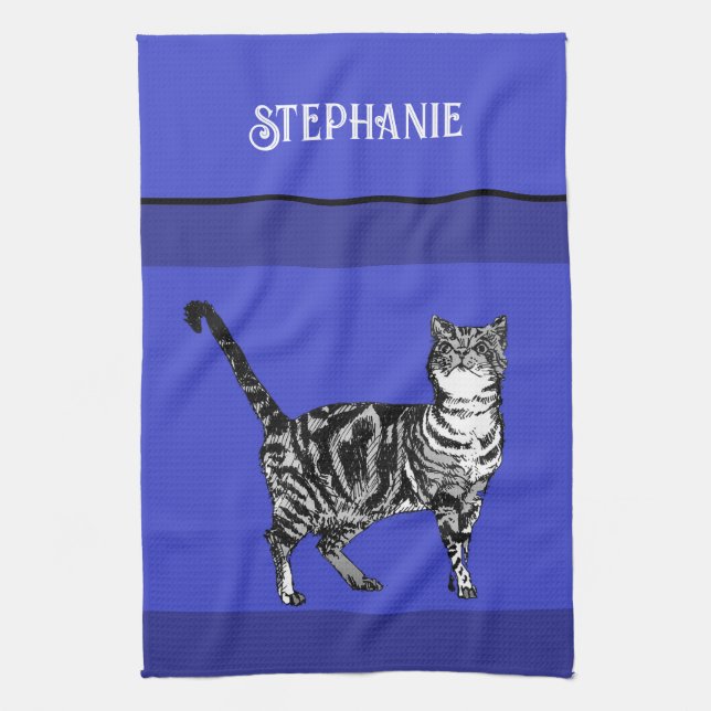 Cat Tabby Pastel Cats Womens Navy Blue Kitchen Towel (Vertical)
