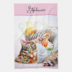 Cat Tabby Pastel Cats Womens Rose Pink Pets Kitchen Towel