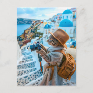 Cat Taking Photos in Santorini Holiday Postcard