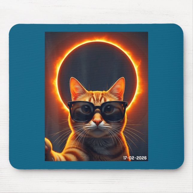 Cat Taking Selfie With Solar 2026 Eclipse Wearing  Mouse Pad (Front)