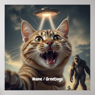  Cat Taking Selfie with UFO and Bigfoot Funny Gift Poster
