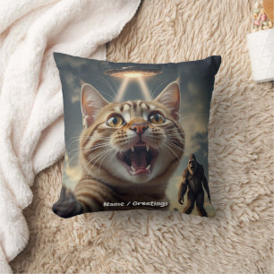 Cat Taking Selfie with UFO and Bigfoot Funny Gift Throw Pillow