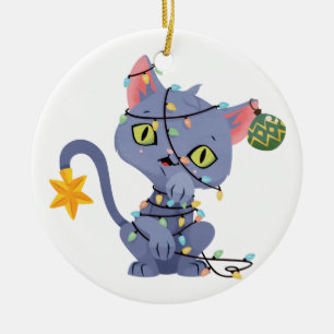Cat Tangled in Christmas Lights  Ceramic Ornament