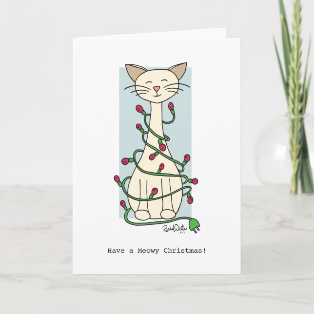 Cat Tangled Up in Christmas Lights Greeting Card (Front)