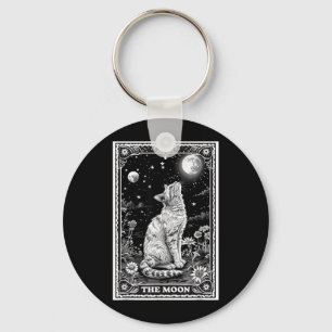 Cat Tarot Card Witchy Moon Hat Halloween Black Keychain