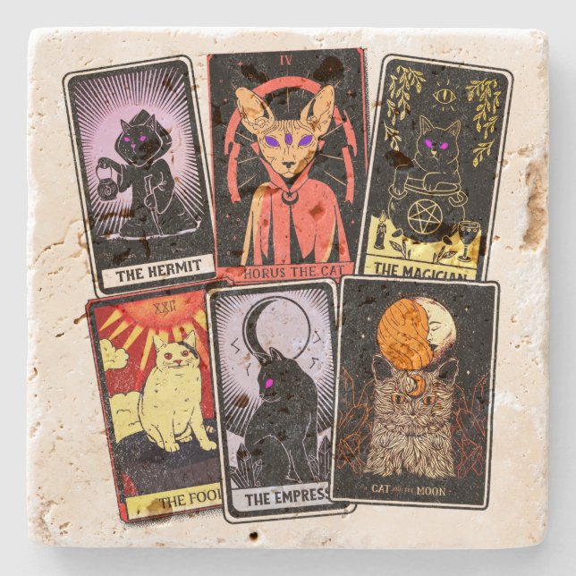 Cat Tarot Cards--Halloween Empress. Hermit, Fool Stone Coaster (Front)