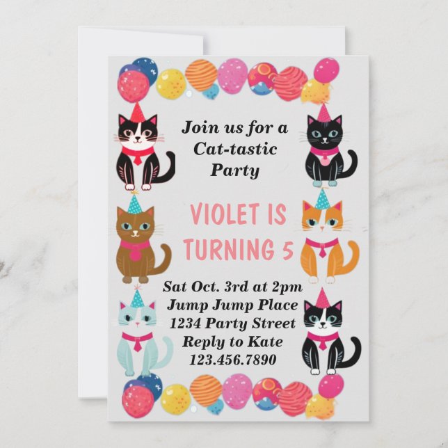 Cat-Tastic Kitty Cat Birthday Party With Gold Foil Invitation (Front)