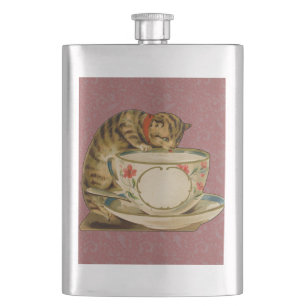 Cat Teacup Cute Vintage Victorian Hip Flask