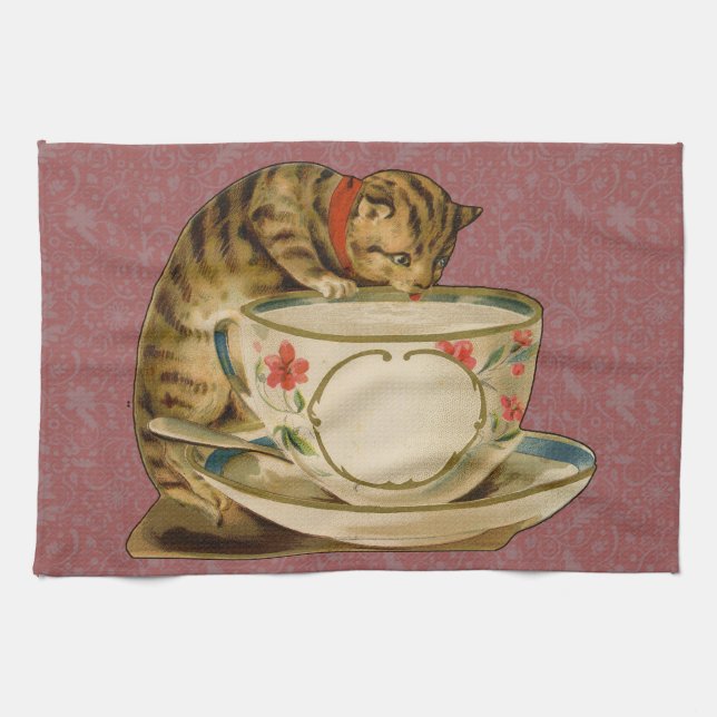 Cat Teacup Cute Vintage Victorian Kitchen Towel (Horizontal)
