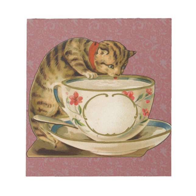 Cat Teacup Cute Vintage Victorian Notepad (Front)