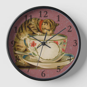 Cat Teacup Cute Vintage Victorian Pet Classic Clock