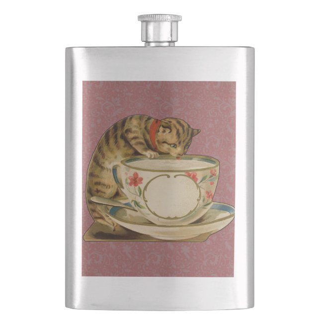 Cat Teacup Cute Vintage Victorian Pet Classic Hip Flask (Front)