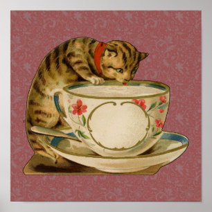Cat Teacup Cute Vintage Victorian Pet Classic Poster