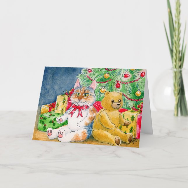Cat, Teddy Bear, Christmas tree card (Front)