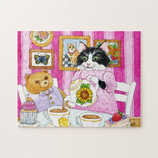 Cat, teddy bear, tea party jigsaw puzzle (Horizontal)