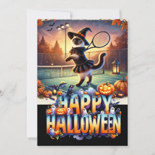 Cat Tennis Player on Halloween Day Invitation