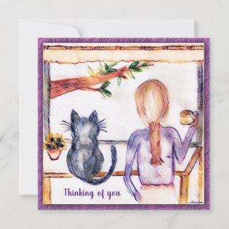 Cat Thank you card custom painting Girl at window