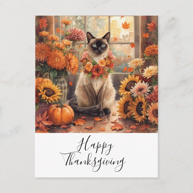 Cat Thanksgiving Fall themed for Cat Lovers  Holiday Postcard (Front)