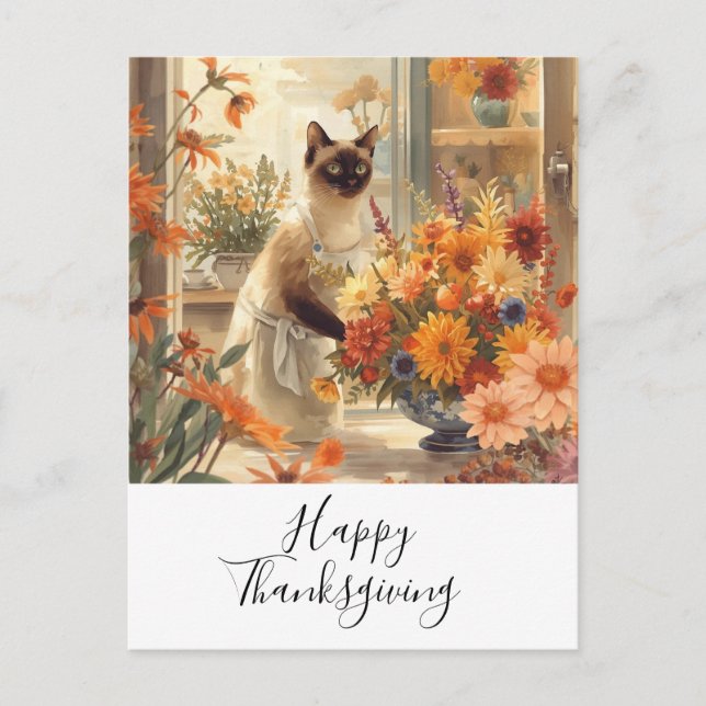 Cat Thanksgiving Fall themed for Cat Lovers  Holiday Postcard (Front)