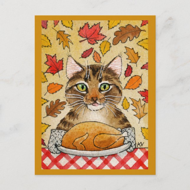 Cat Thanksgiving Turkey Dinner Fall Leaves Postcard (Front)