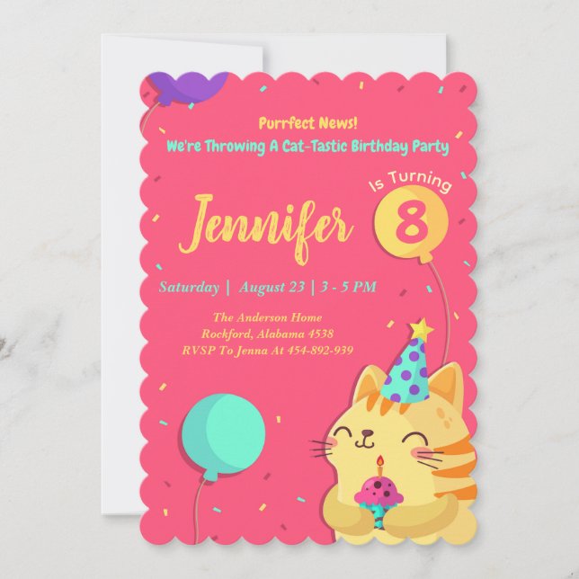 Cat Thème Anniversaire Invitation | Fille Chat mod (Devant)