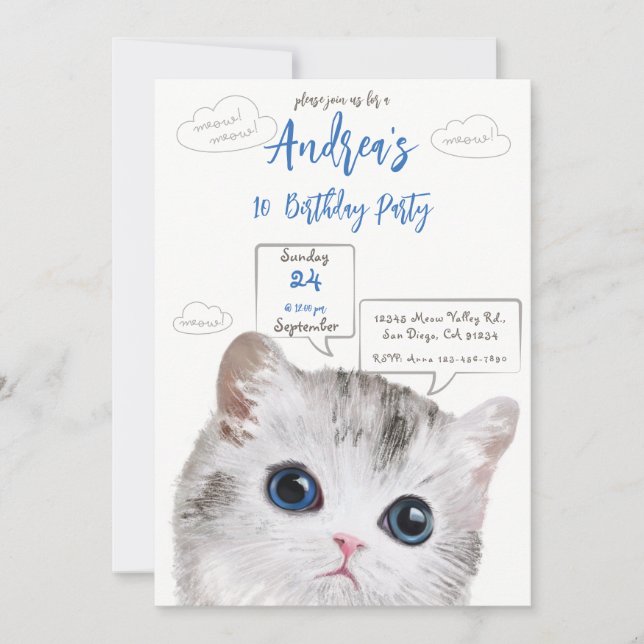 Cat Themed Birthday Invitation - Kid's Birthday (Front)