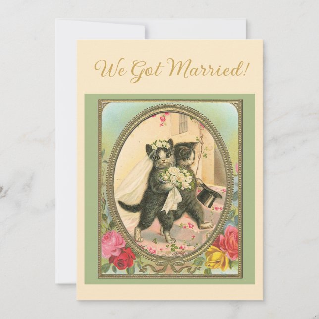 Cat Themed Wedding announcement Ivory and green (Front)