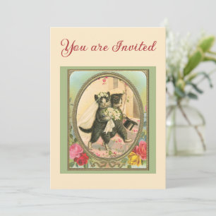 Cat Themed Wedding Ivory and green Invitation